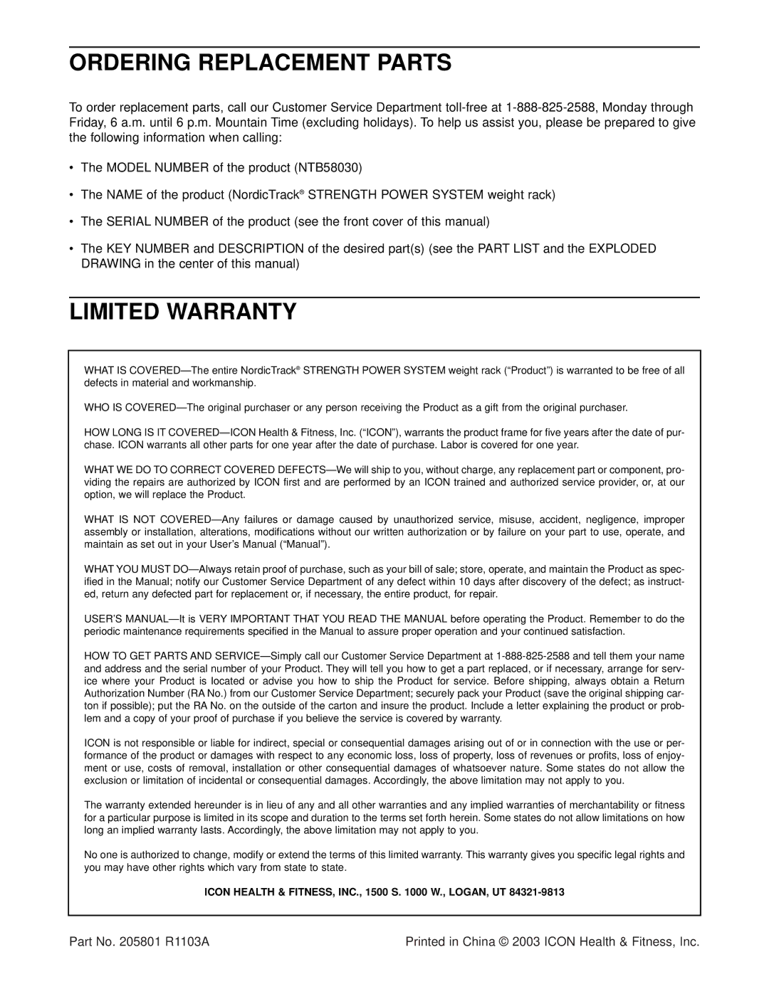 NordicTrack NTB58030 user manual Ordering Replacement Parts, Limited Warranty 