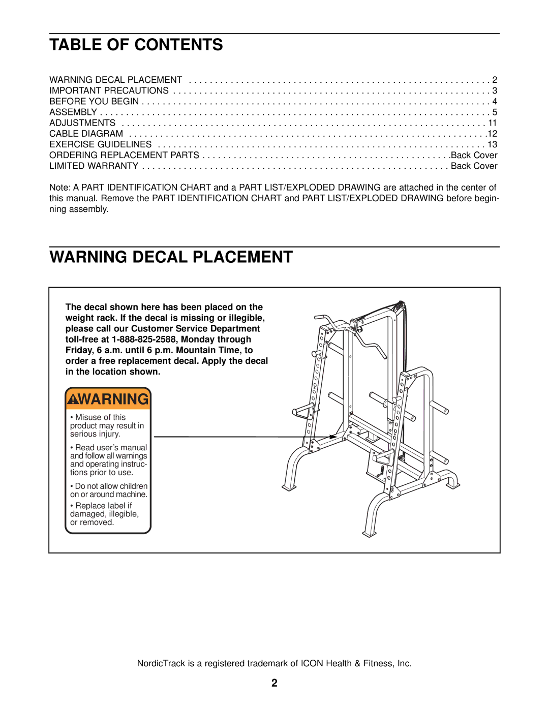 NordicTrack NTB58030 user manual Table of Contents 