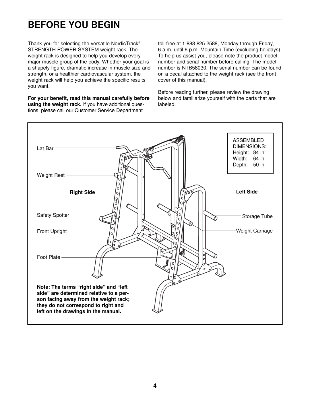 NordicTrack NTB58030 user manual Before YOU Begin, Right Side, Left Side 