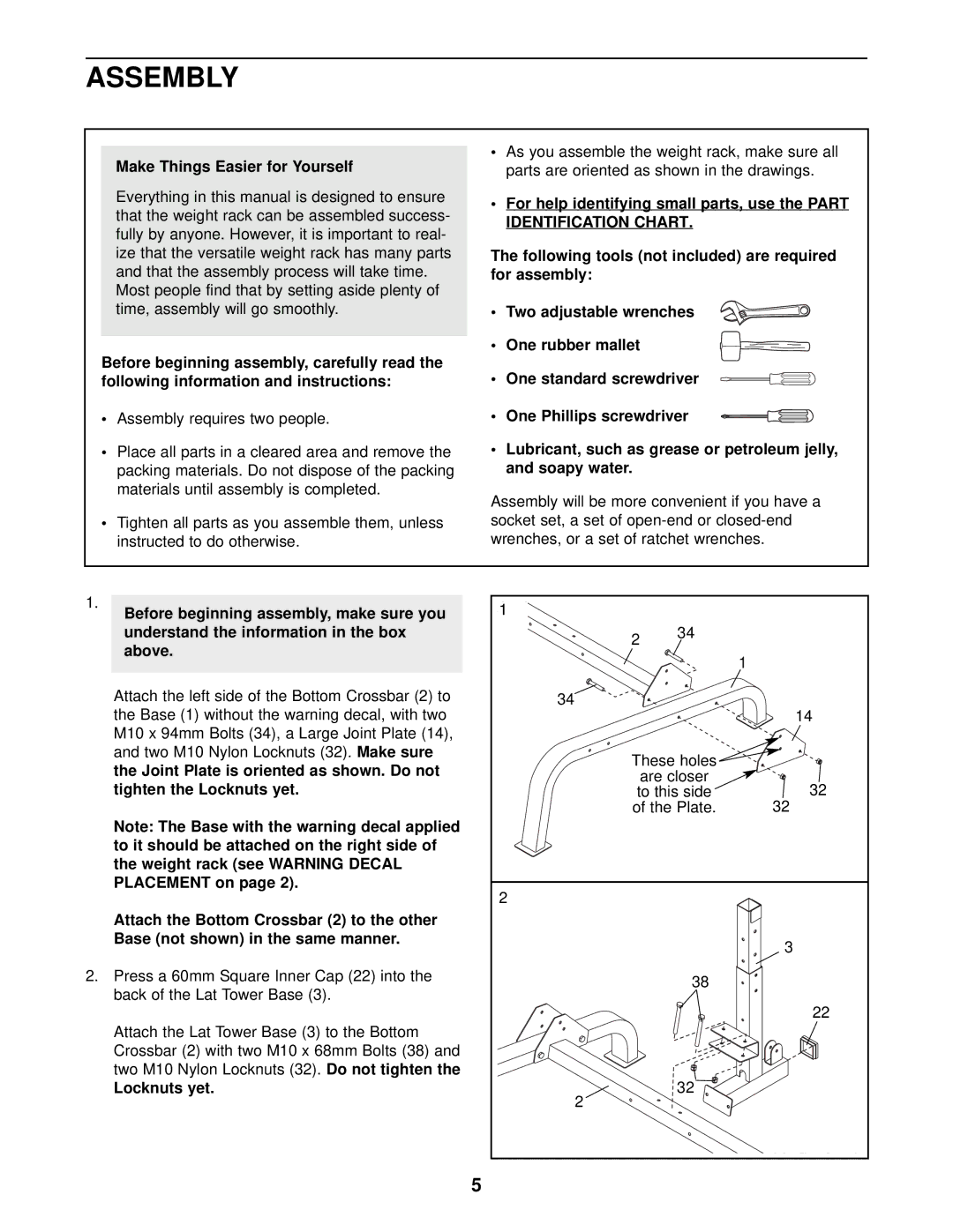 NordicTrack NTB58030 user manual Assembly, Make Things Easier for Yourself, Locknuts yet 