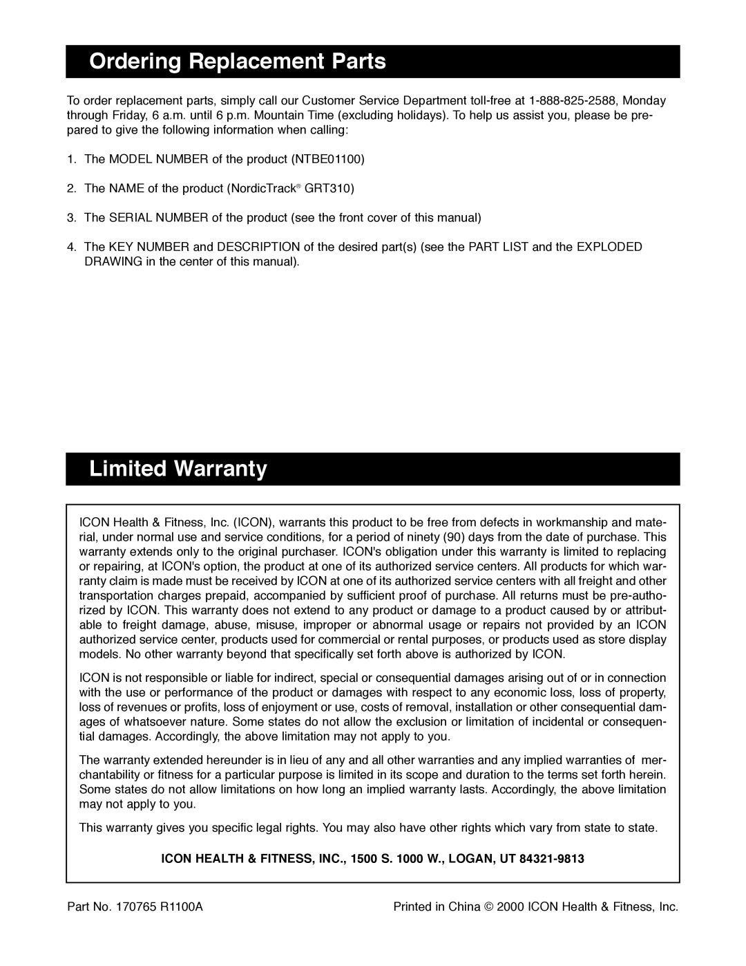 NordicTrack NTBE01100 manual Ordering Replacement Parts, Limited Warranty 