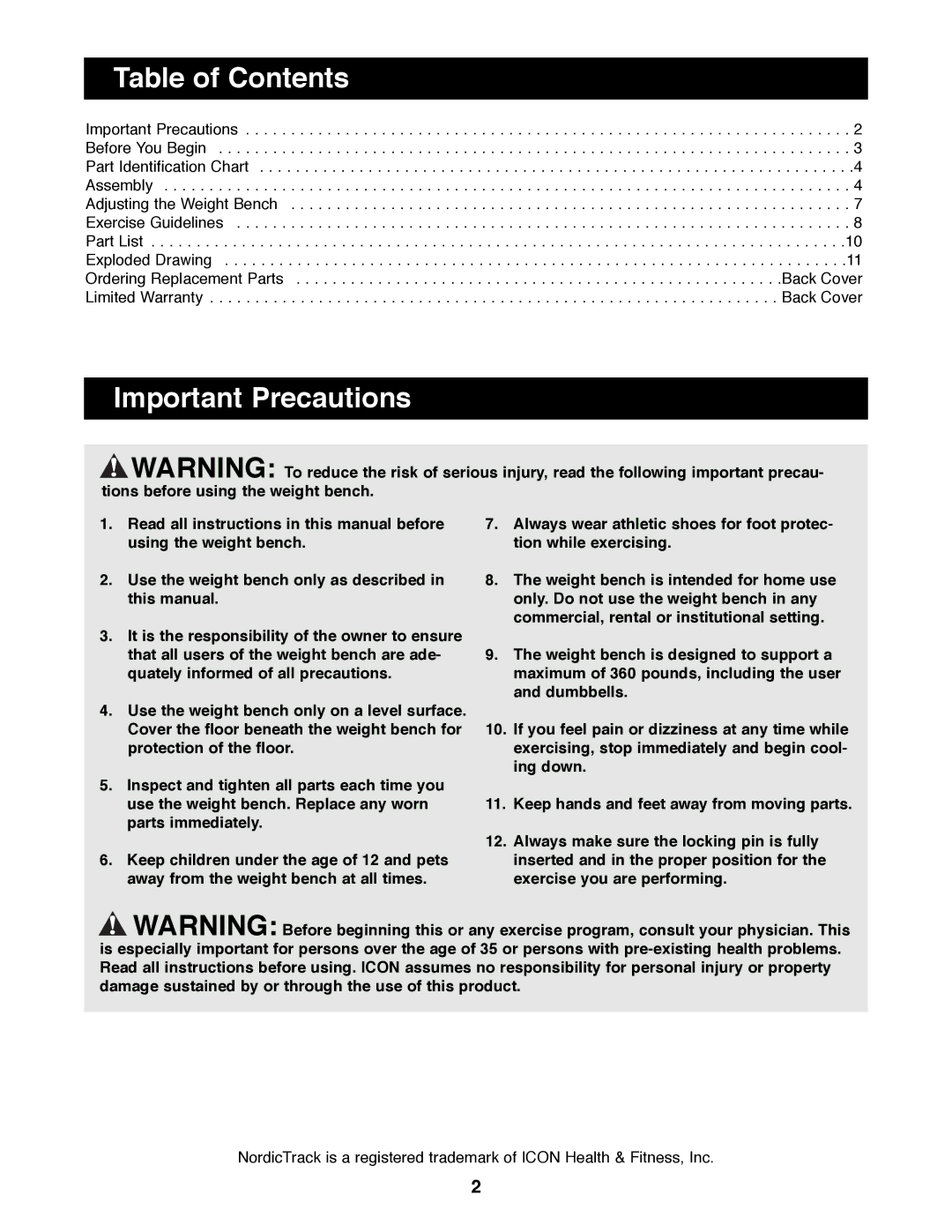 NordicTrack NTBE01100 manual Table of Contents, Important Precautions 