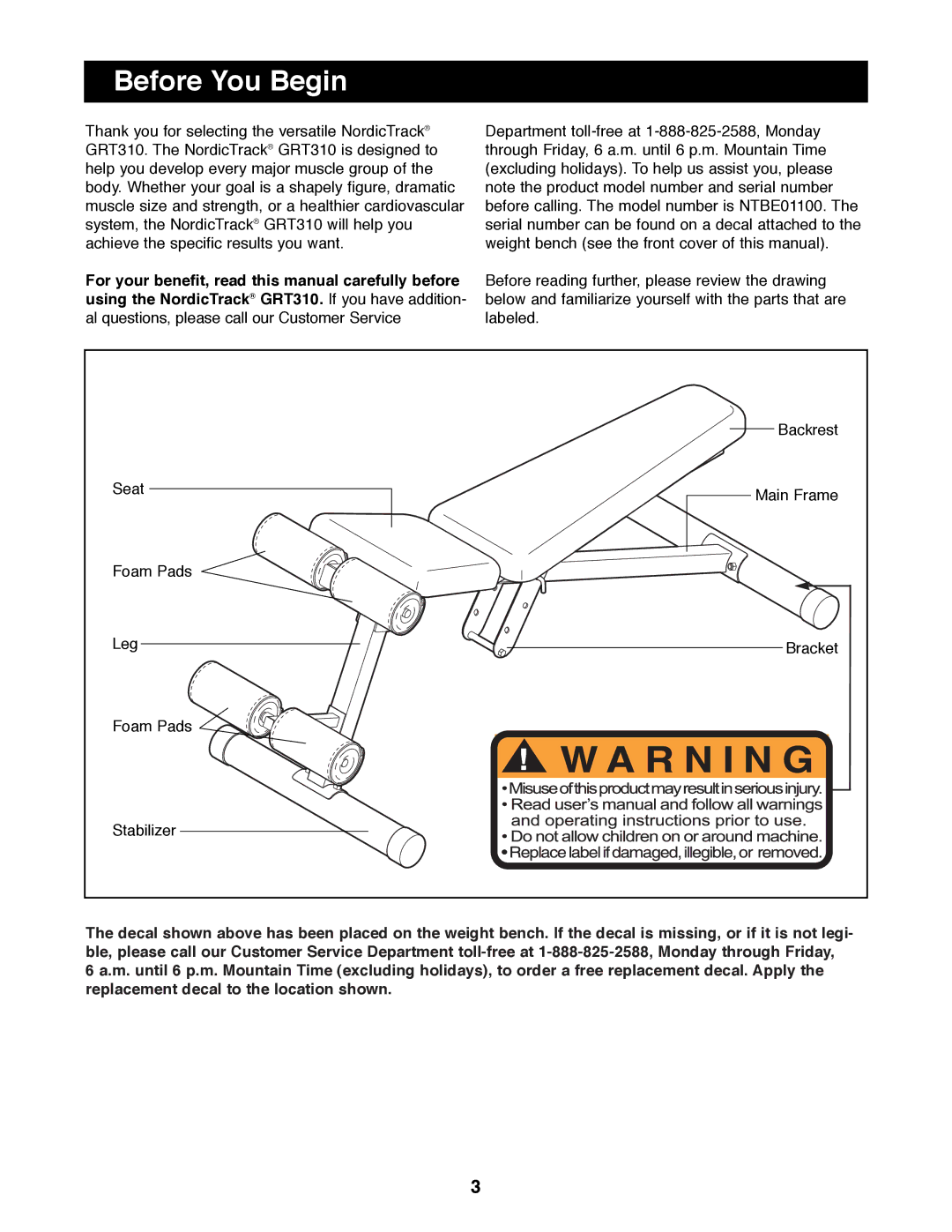 NordicTrack NTBE01100 manual Before You Begin 