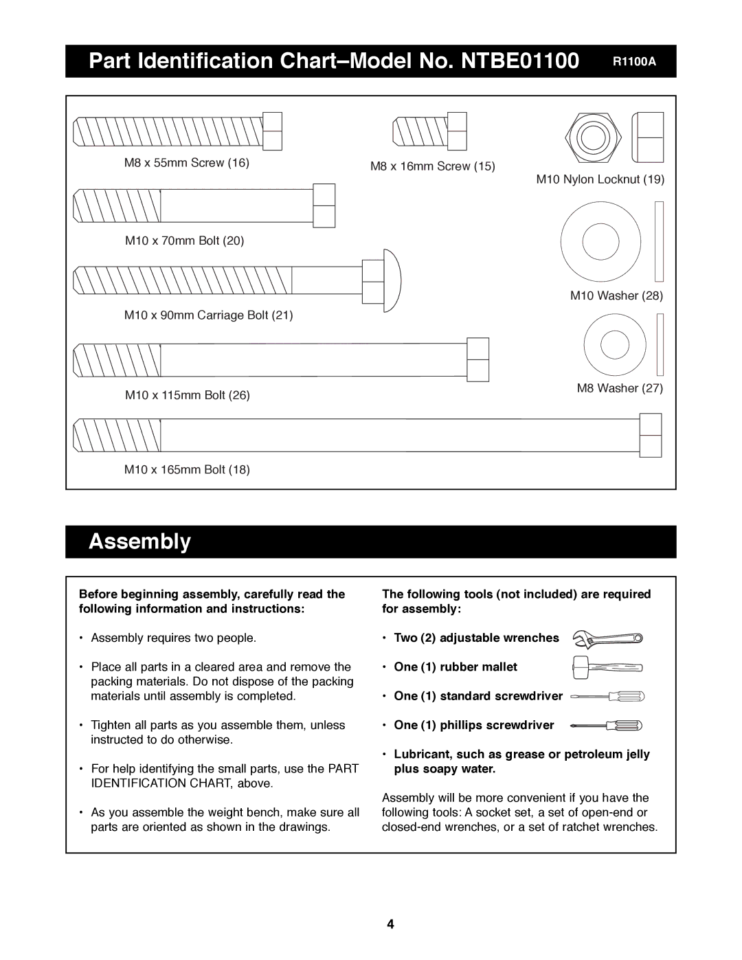 NordicTrack manual Part Identification ChartÐModel No. NTBE01100 R1100A, Assembly 