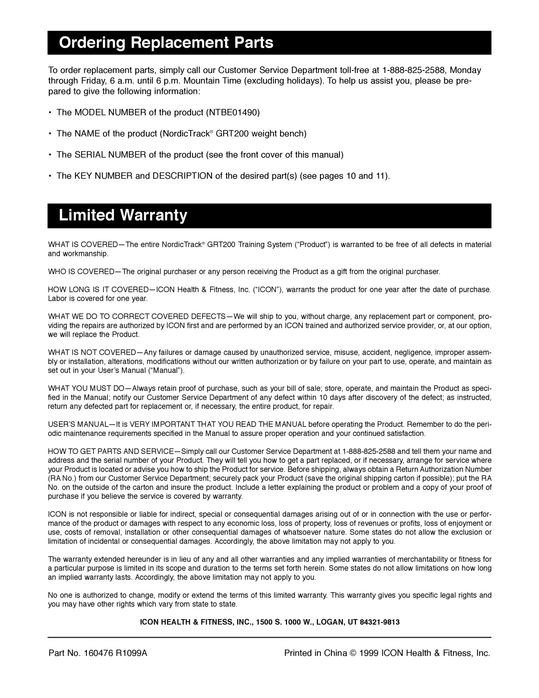 NordicTrack NTBE01490 manual Ordering Replacement Parts, Limited Warranty 