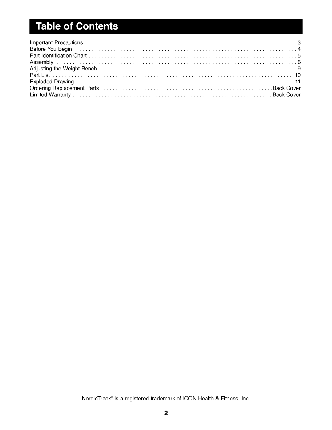 NordicTrack NTBE01490 manual Table of Contents 