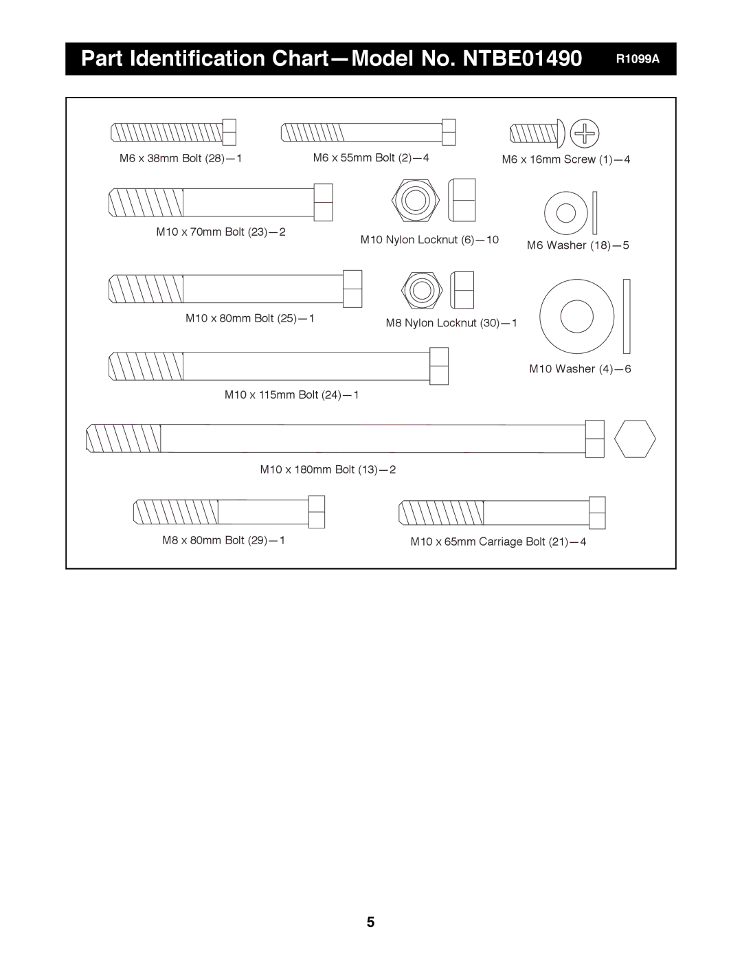 NordicTrack manual Part Identification ChartÑModel No. NTBE01490 R1099A 