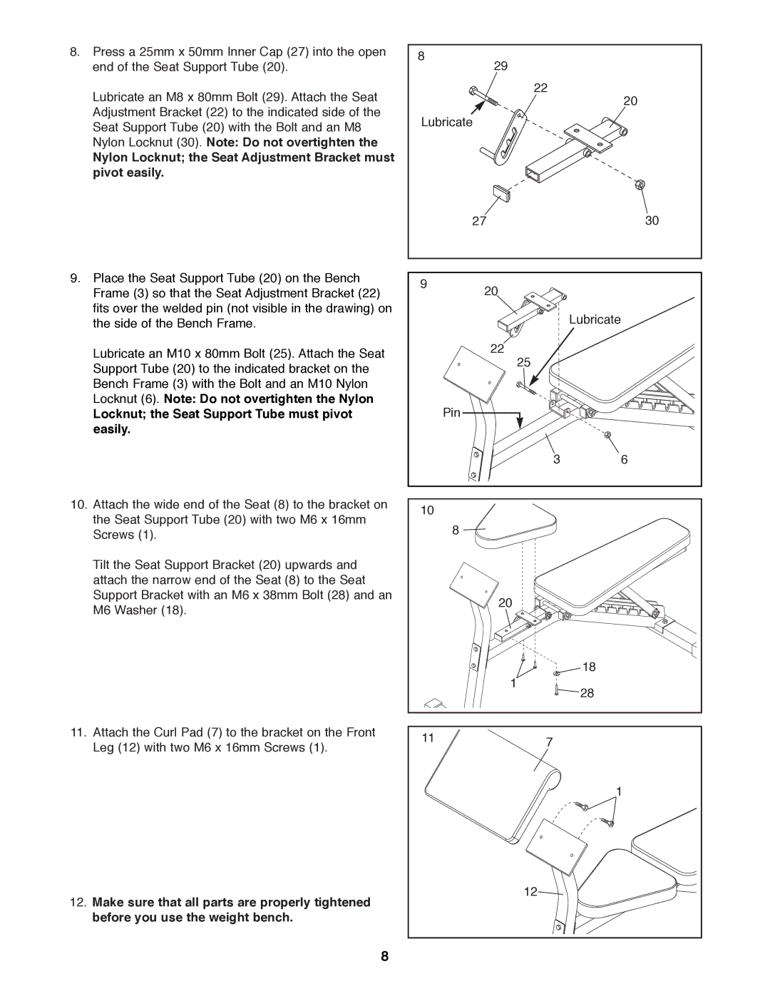 NordicTrack NTBE01490 manual Nylon Locknut the Seat Adjustment Bracket must pivot easily 