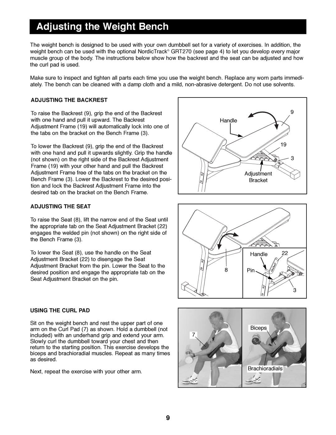 NordicTrack NTBE01490 manual Adjusting the Weight Bench, Adjusting the Backrest 