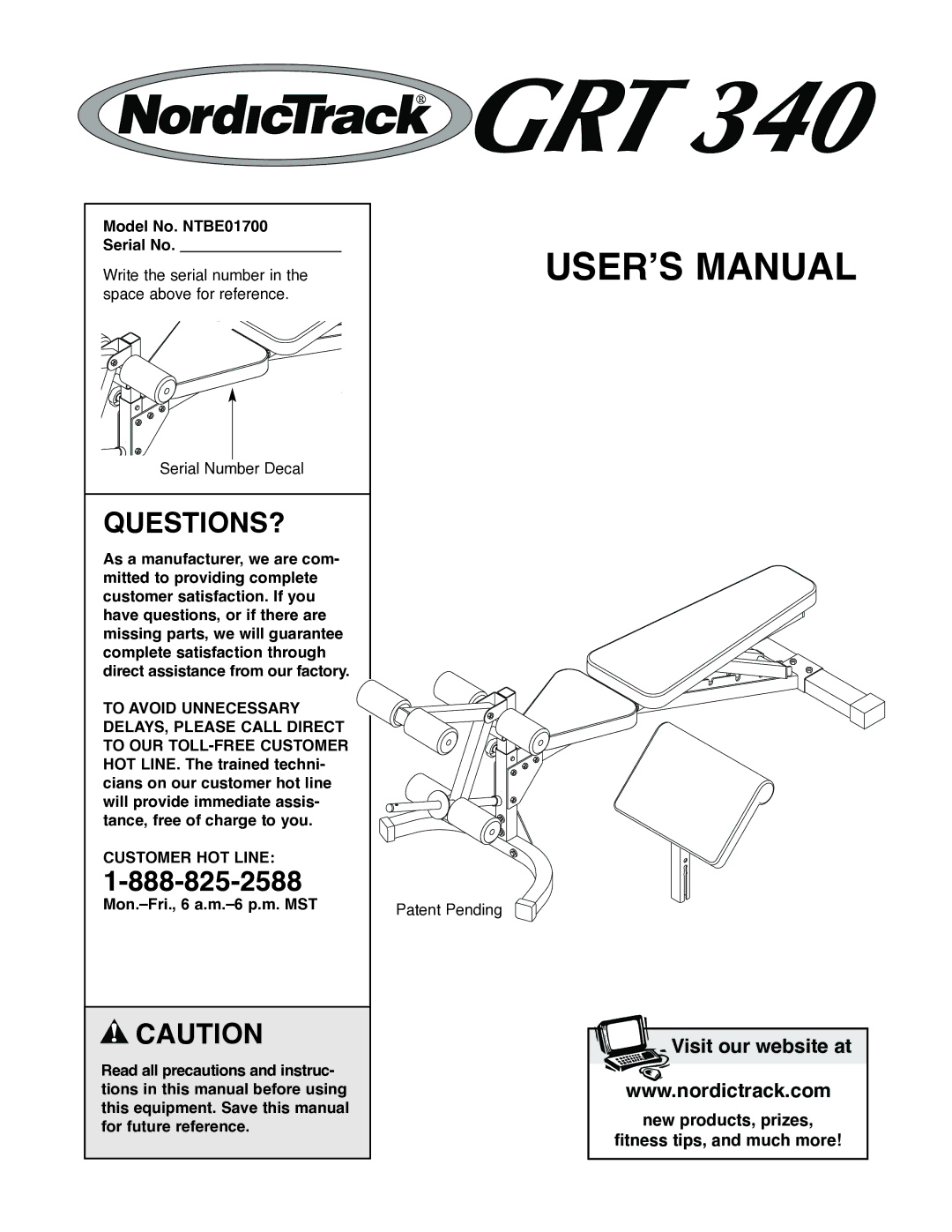 NordicTrack user manual Model No. NTBE01700 Serial No, Customer HOT Line 