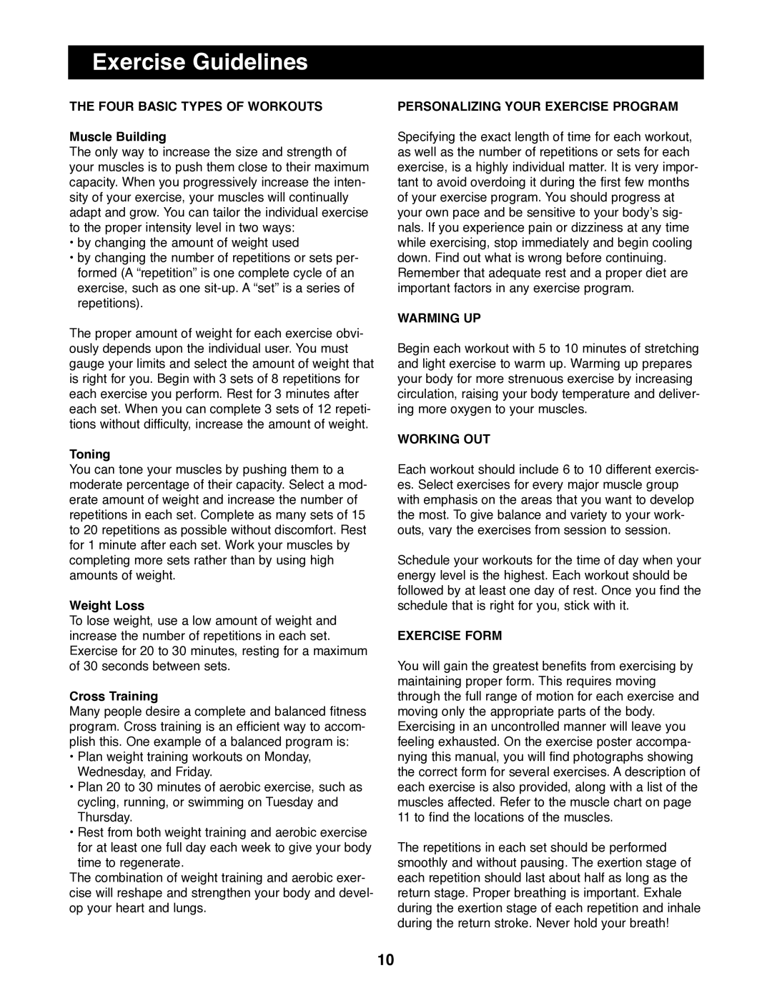 NordicTrack NTBE01700 user manual Exercise Guidelines 