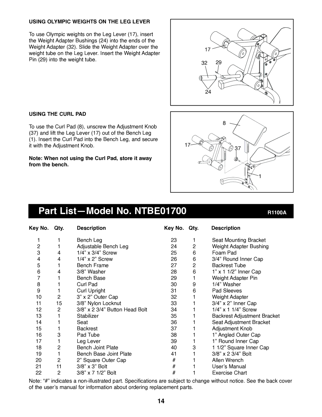 NordicTrack Part List-Model No. NTBE01700, Using Olympic Weights on the LEG Lever, Using the Curl PAD, Qty Description 