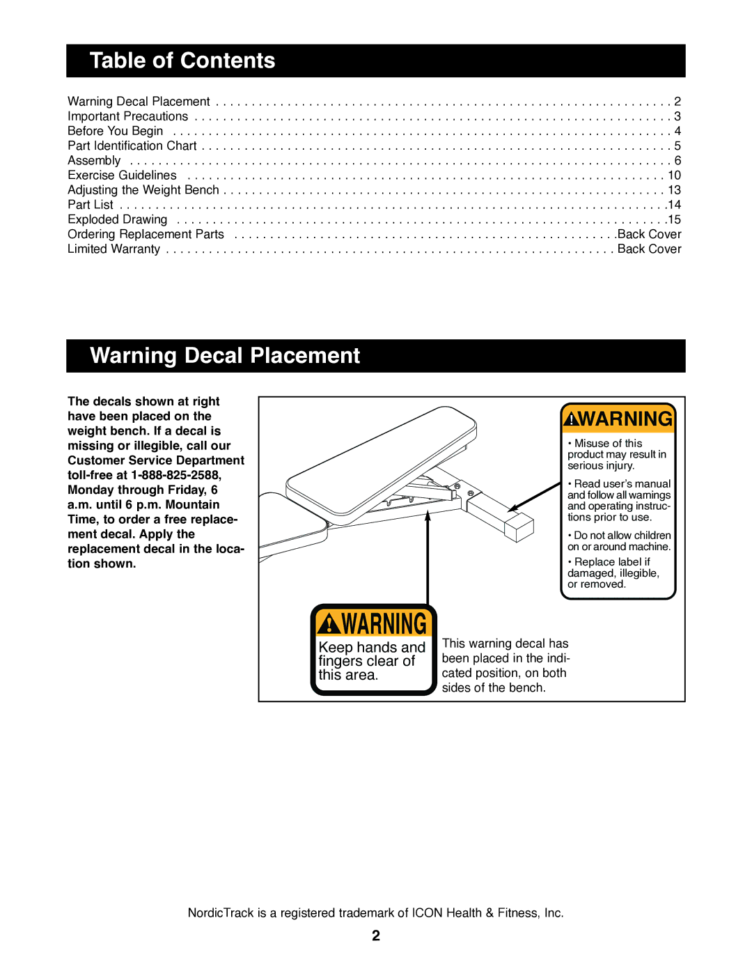 NordicTrack NTBE01700 user manual Table of Contents 