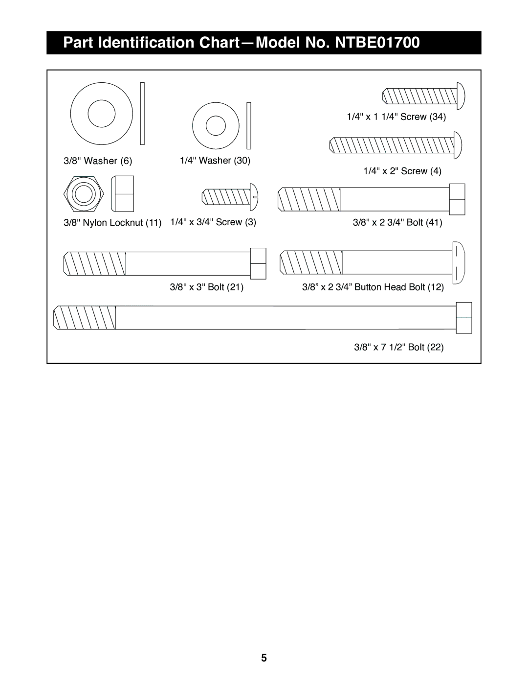 NordicTrack user manual Part Identification Chart-Model No. NTBE01700 