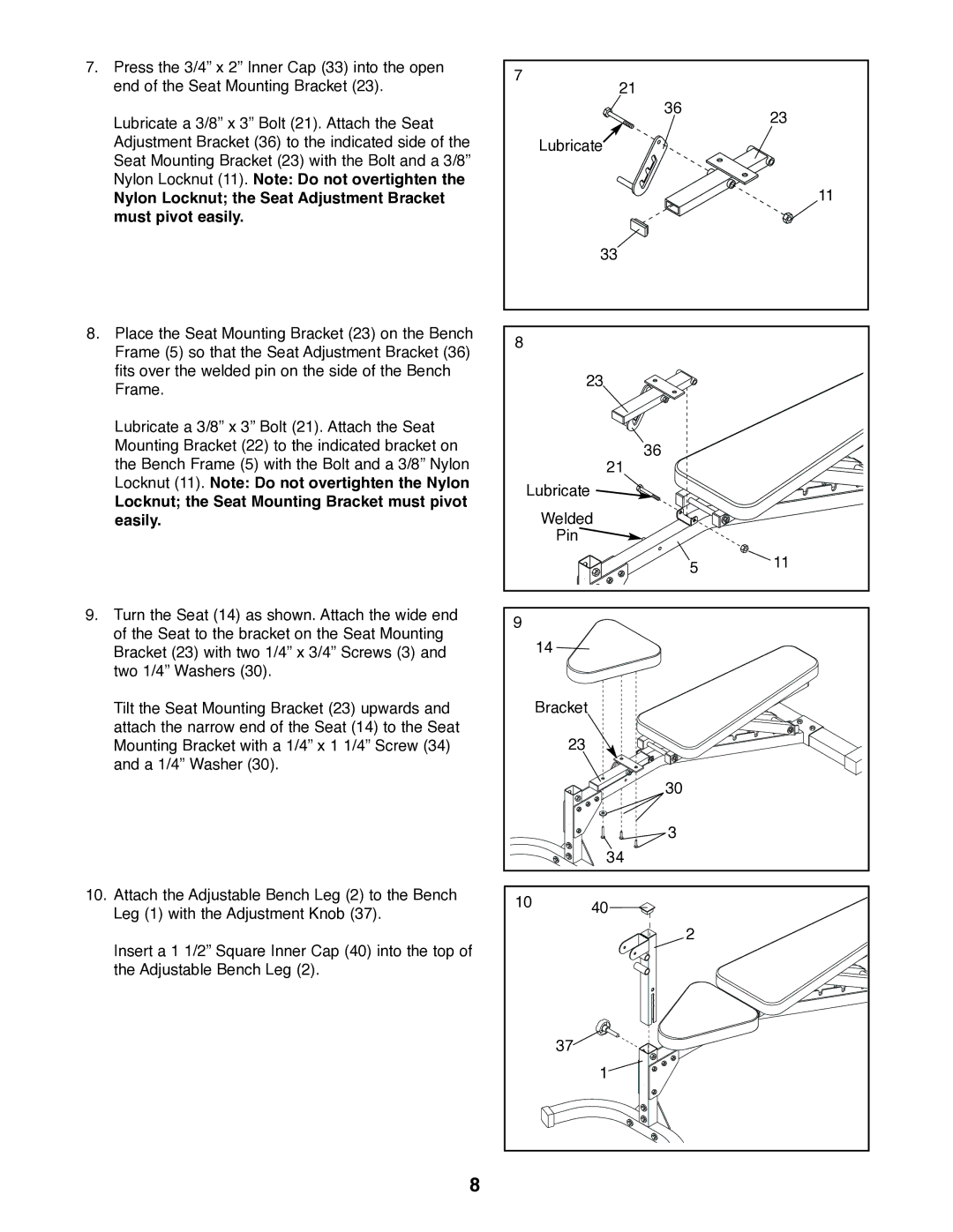 NordicTrack NTBE01700 user manual Nylon Locknut the Seat Adjustment Bracket must pivot easily 