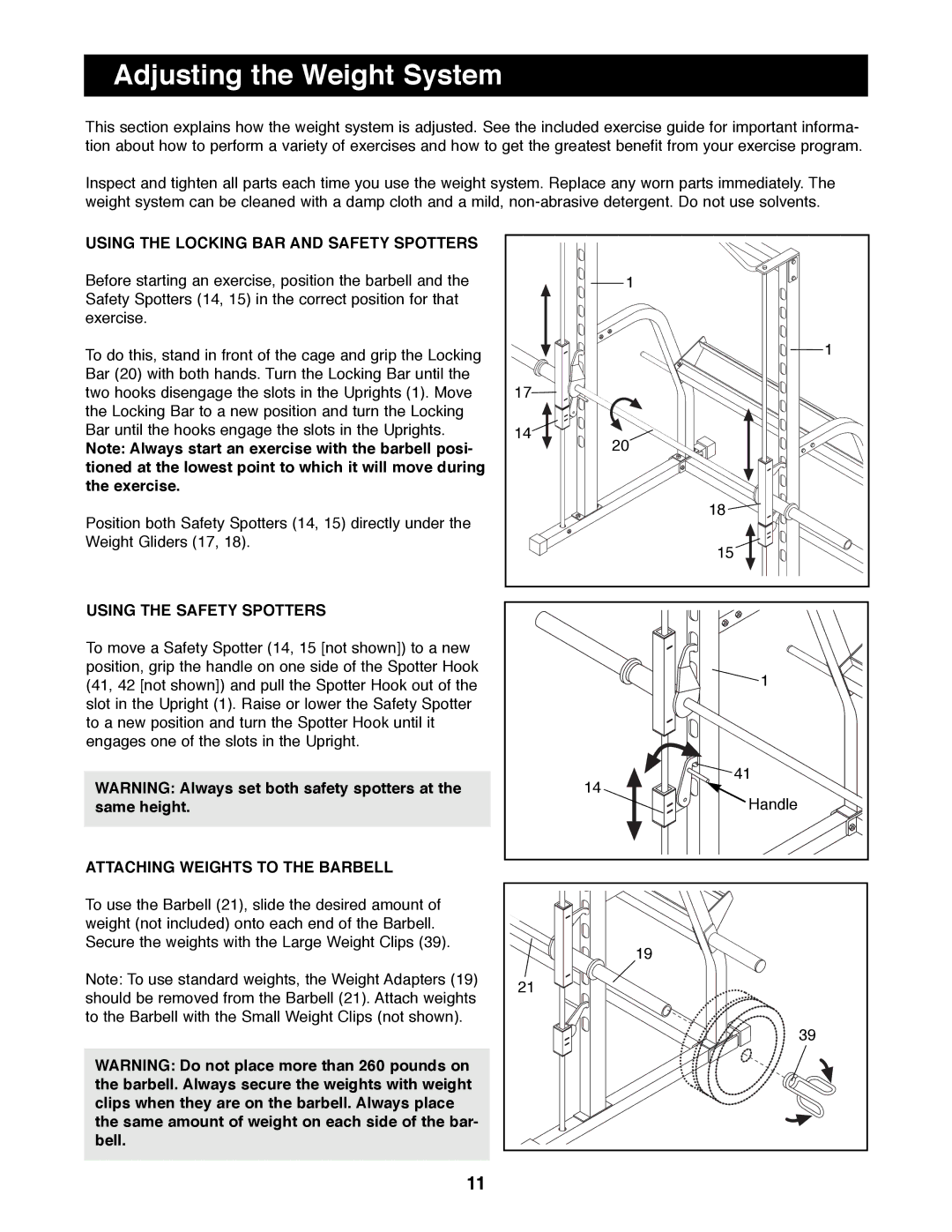 NordicTrack NTBE04990 manual Adjusting the Weight System, Using the Locking BAR and Safety Spotters 