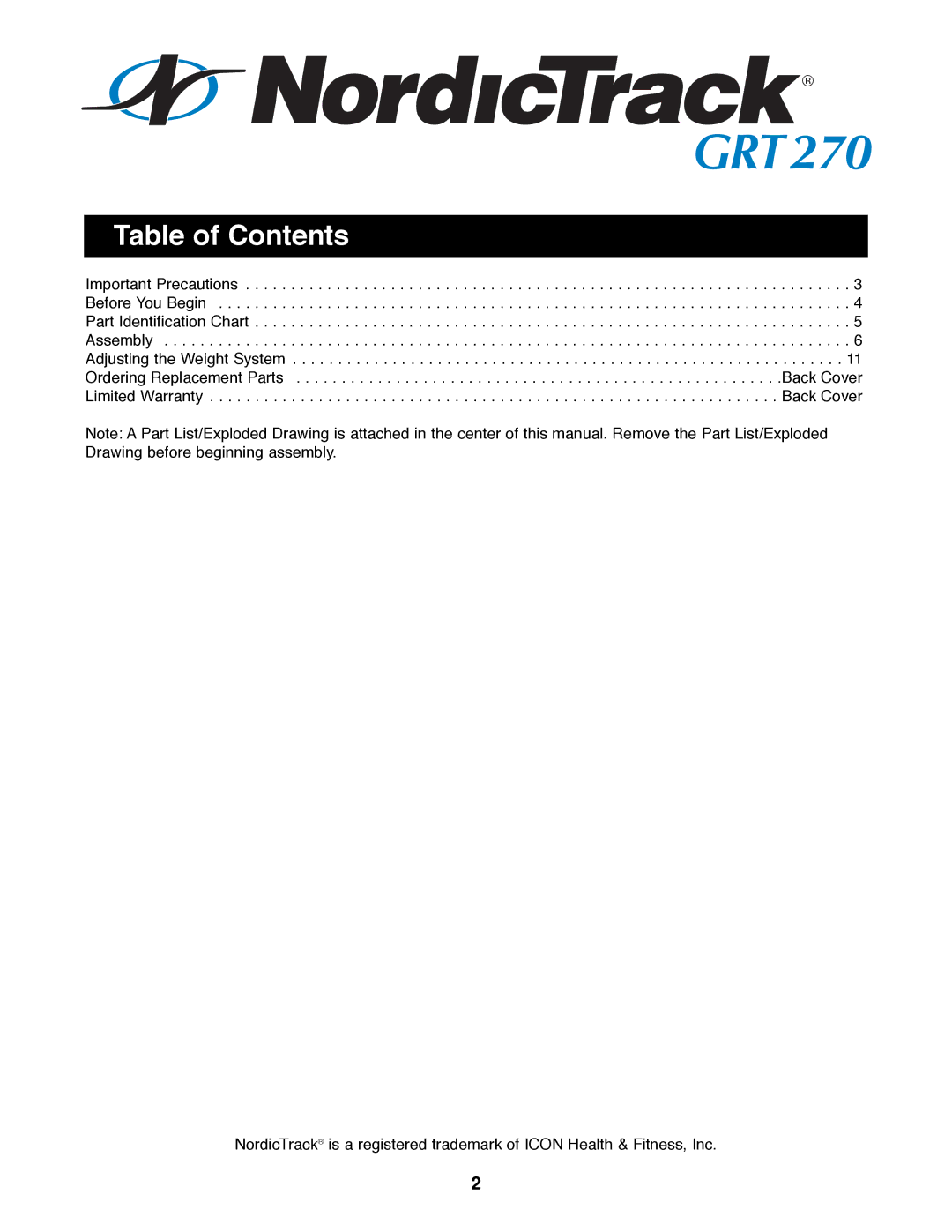 NordicTrack NTBE04990 manual Table of Contents 