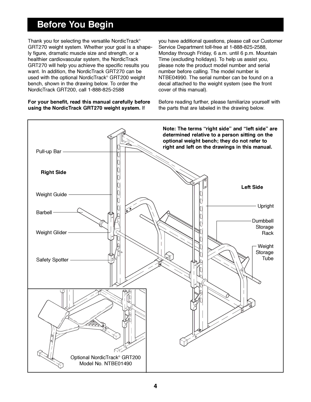 NordicTrack NTBE04990 manual Before You Begin, Right Side, Left Side 