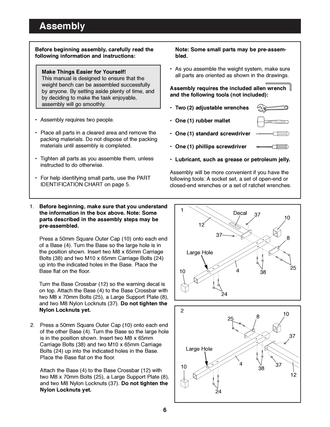 NordicTrack NTBE04990 manual Assembly, Nylon Locknuts yet 