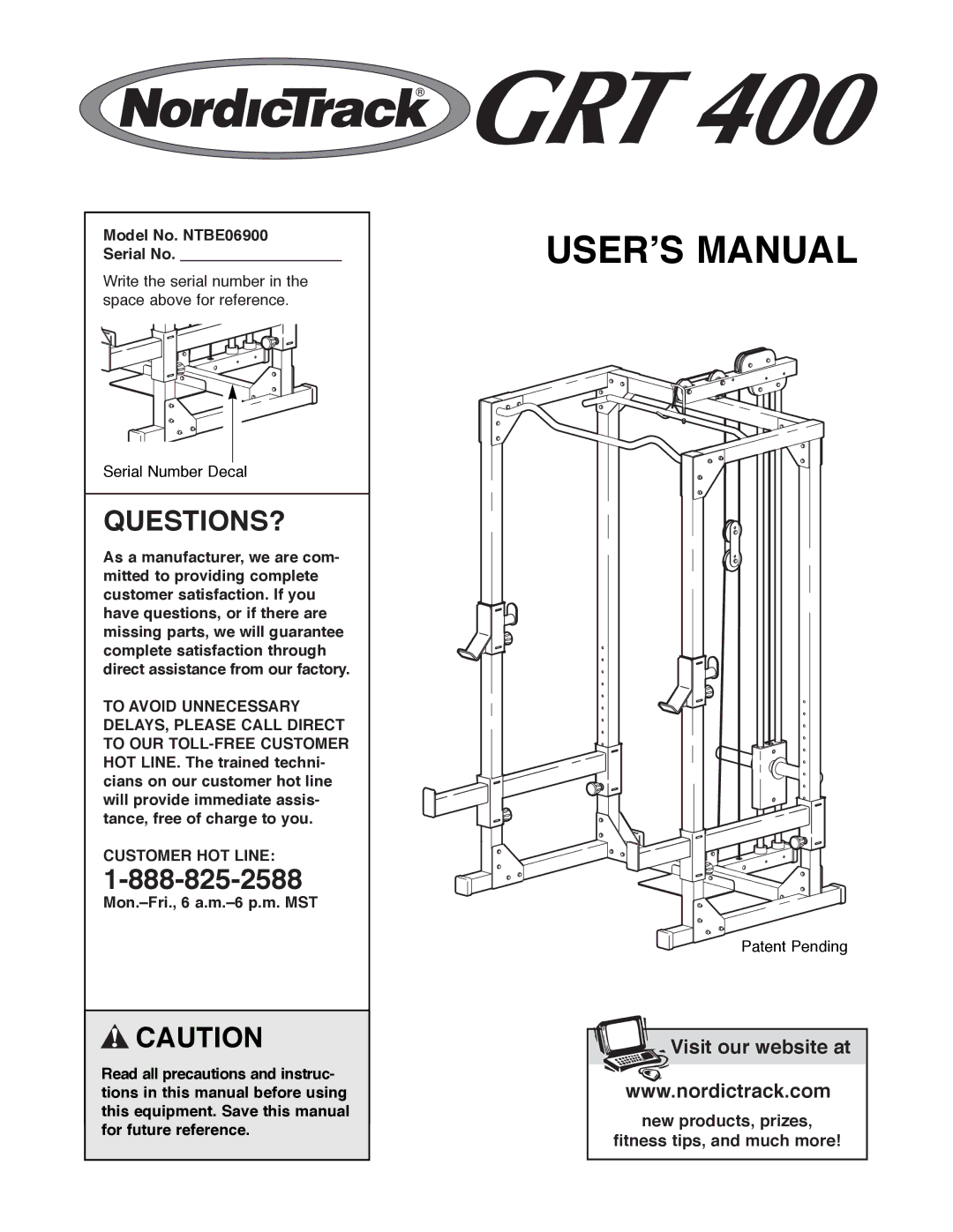 NordicTrack manual Model No. NTBE06900 Serial No, Customer HOT Line 