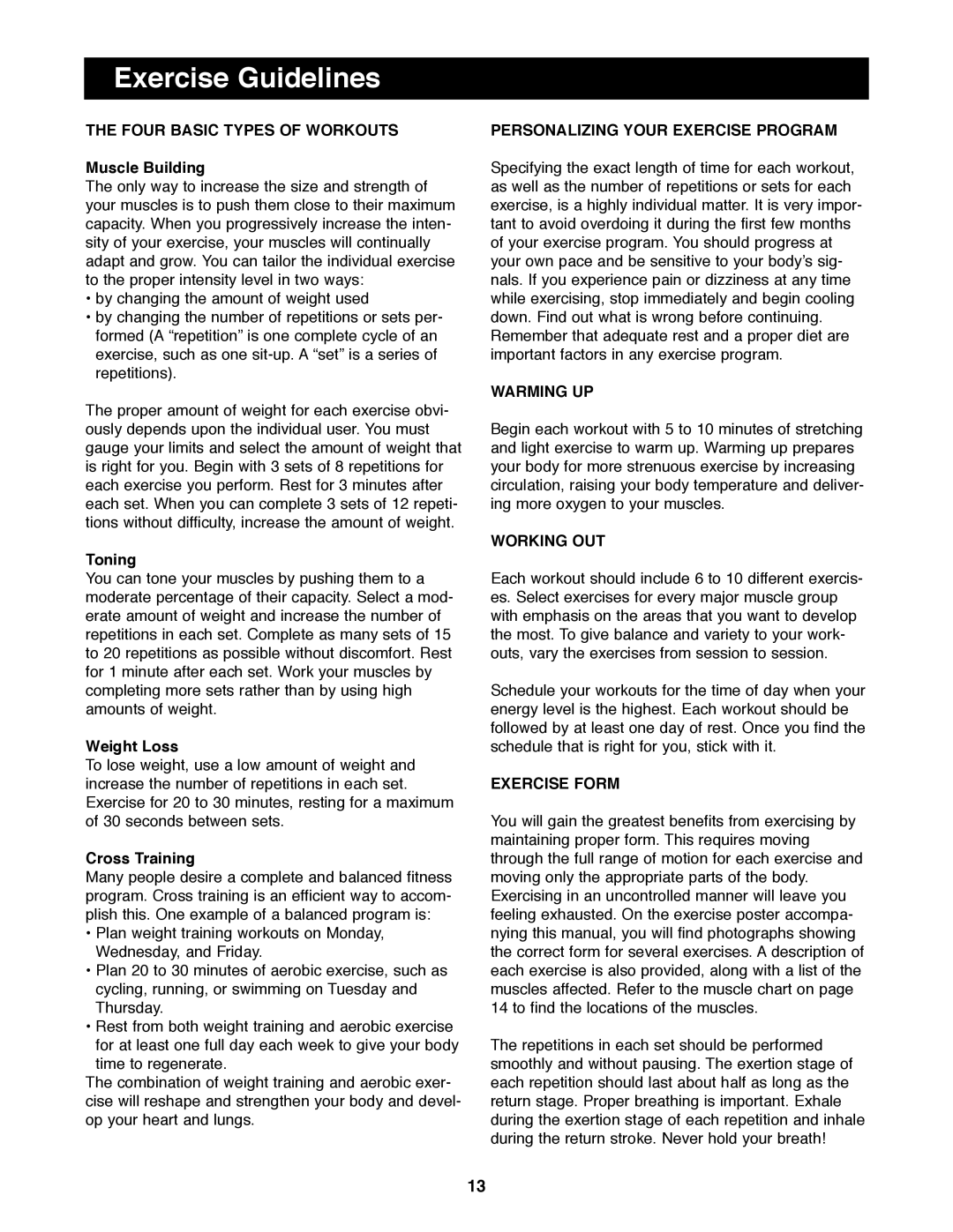 NordicTrack NTBE06900 manual Exercise Guidelines 