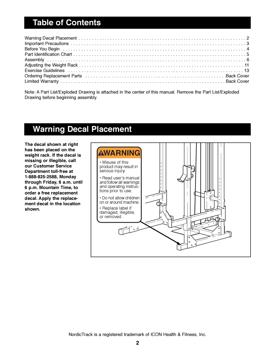 NordicTrack NTBE06900 manual Table of Contents 