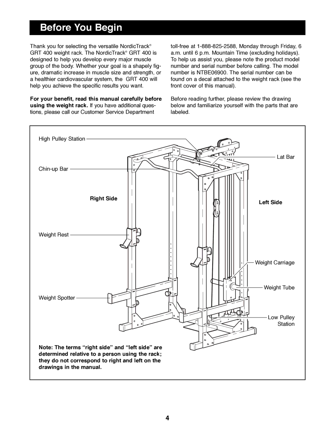 NordicTrack NTBE06900 manual Before You Begin, Right Side, Left Side 