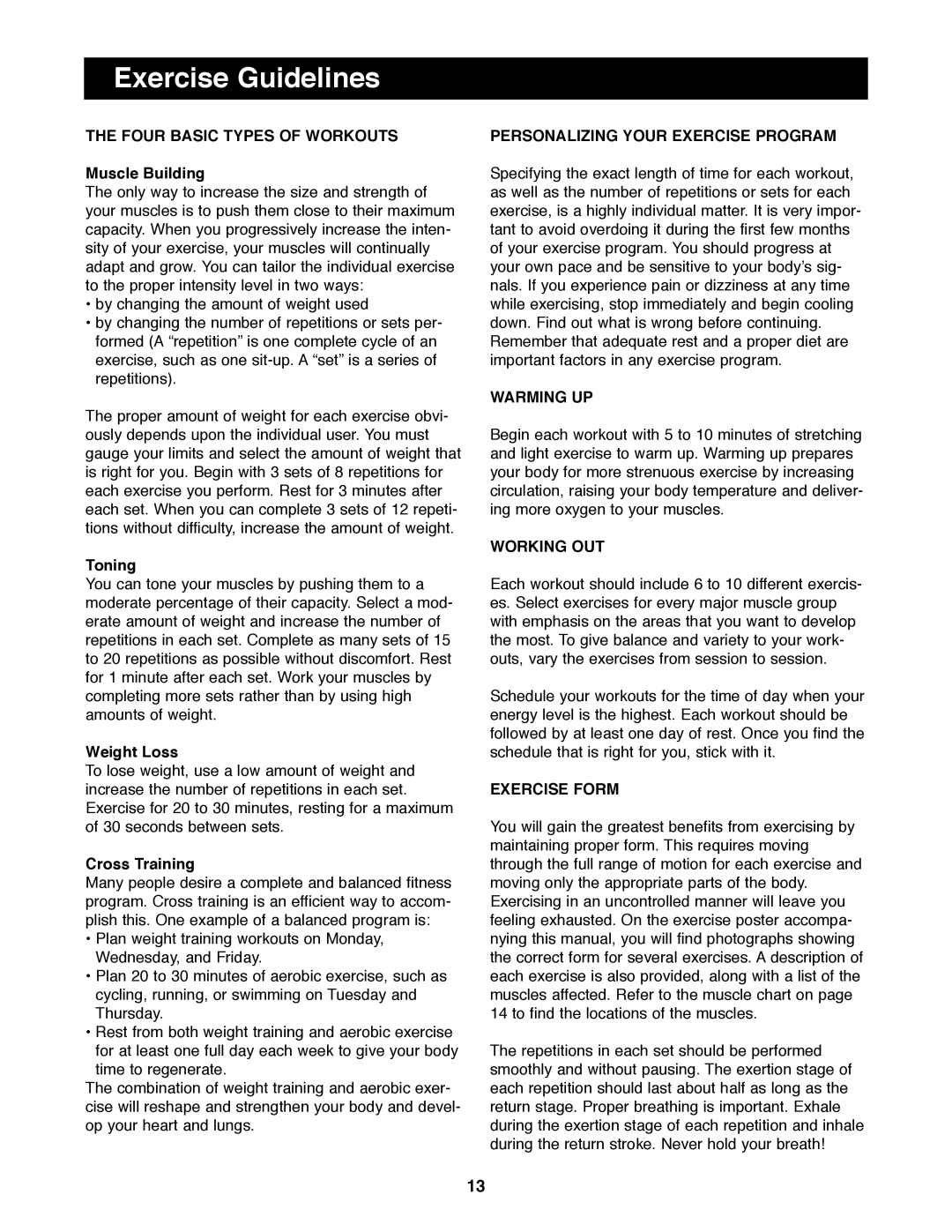 NordicTrack NTBE06901 manual Exercise Guidelines 