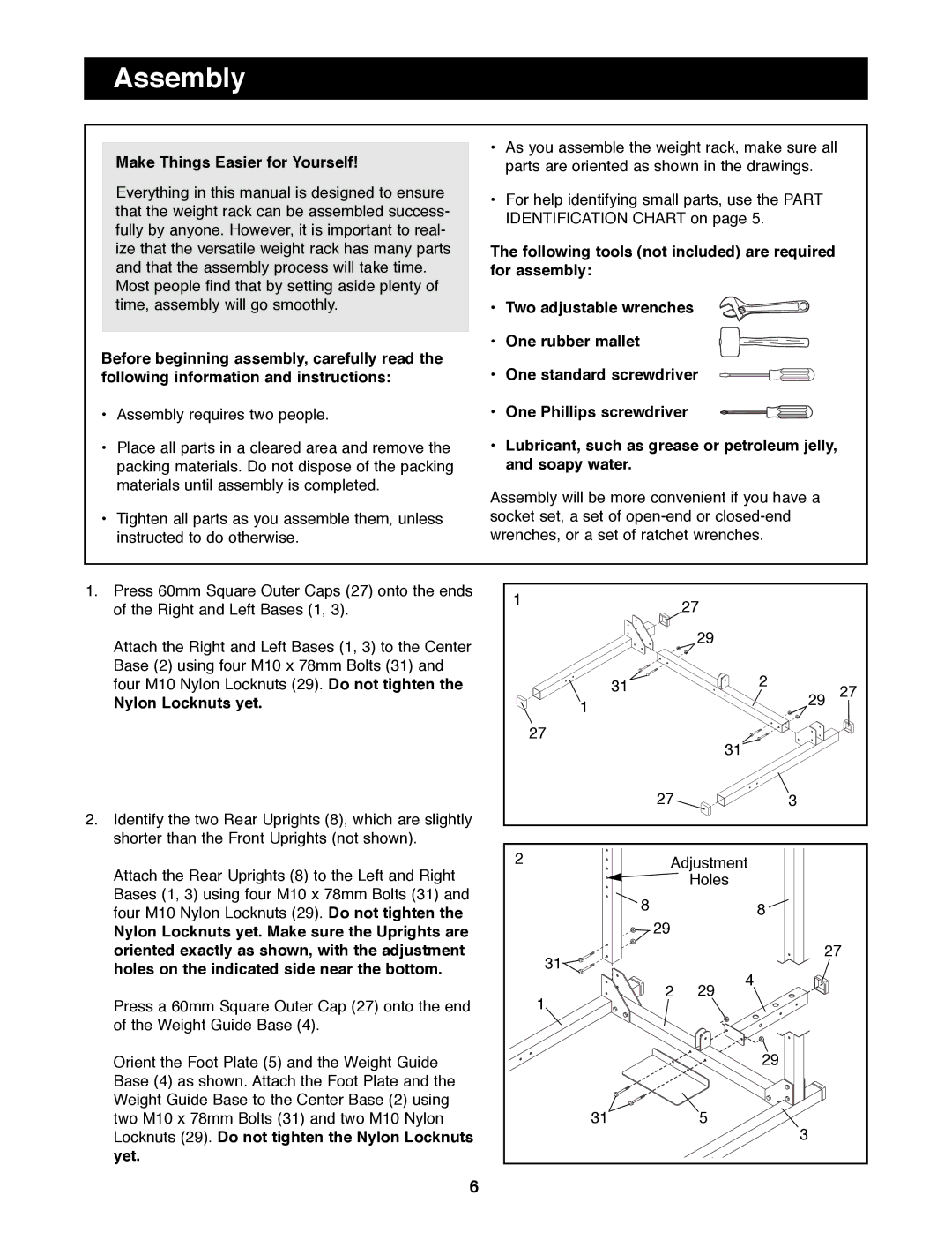 NordicTrack NTBE06901 manual Assembly, Make Things Easier for Yourself, Nylon Locknuts yet 