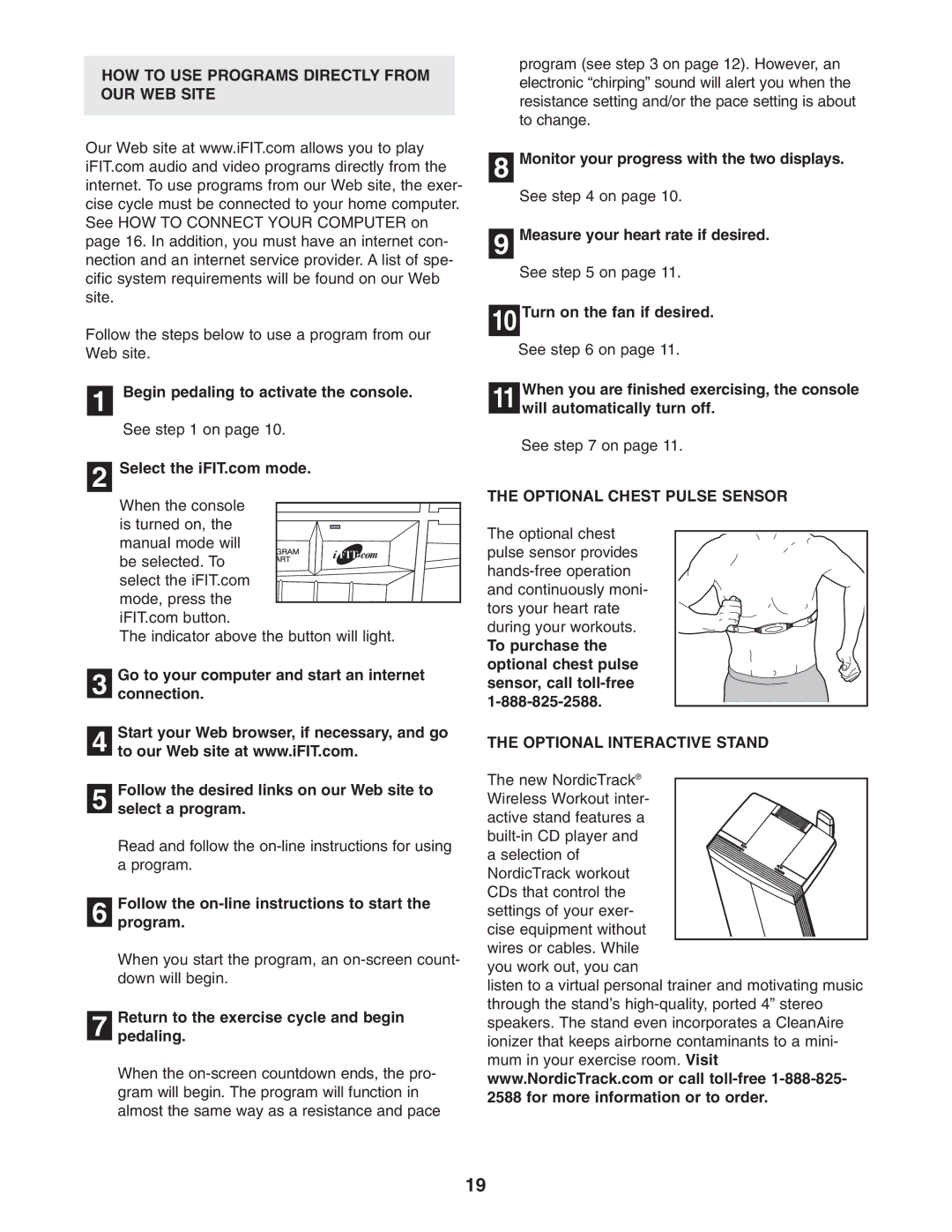 NordicTrack NTC05940 user manual HOW to USE Programs Directly from OUR WEB Site, Optional Chest Pulse Sensor 