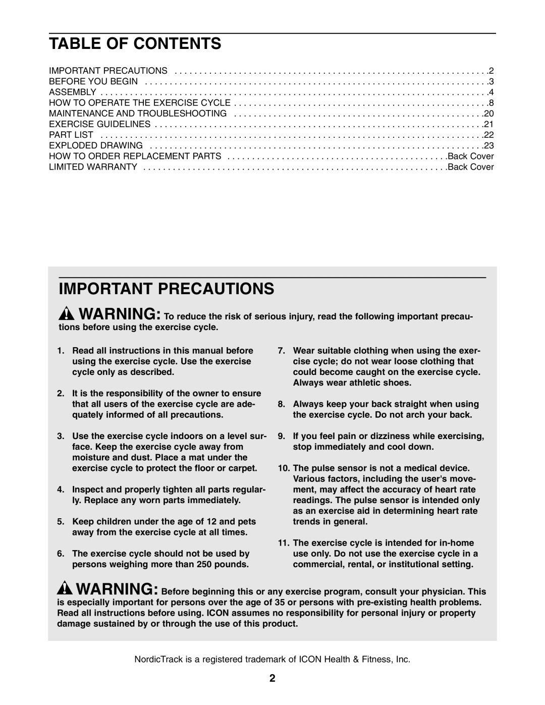 NordicTrack NTC05940 user manual Table of Contents, Important Precautions 