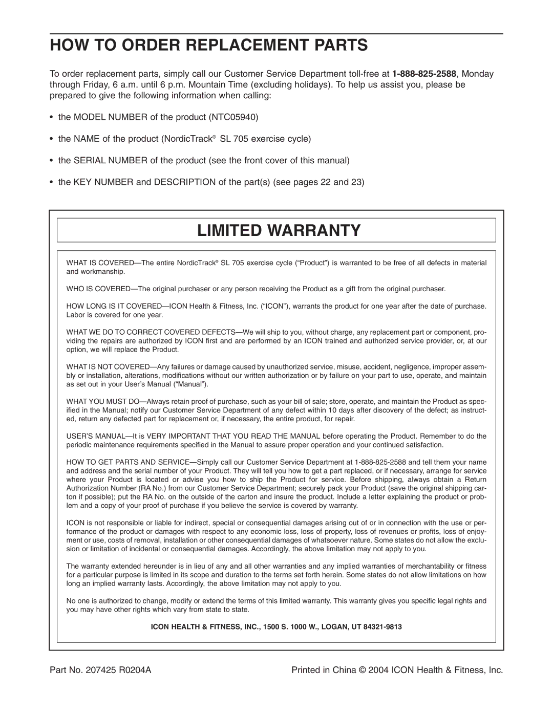 NordicTrack NTC05940 user manual HOW to Order Replacement Parts, Limited Warranty 