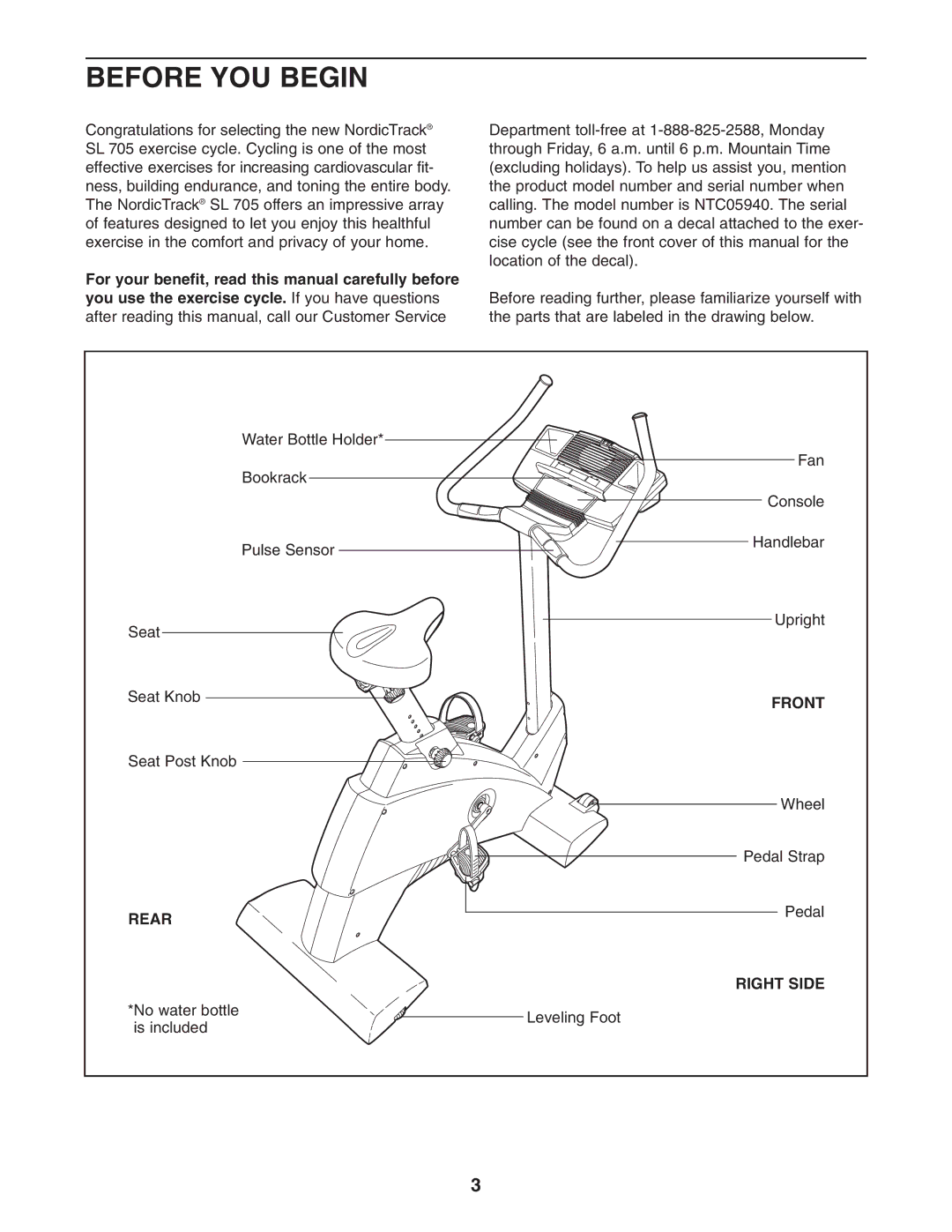 NordicTrack NTC05940 user manual Before YOU Begin, Front, Rear, Right Side 