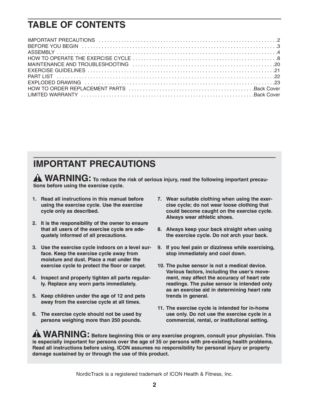 NordicTrack NTC05941 user manual Table of Contents, Important Precautions 