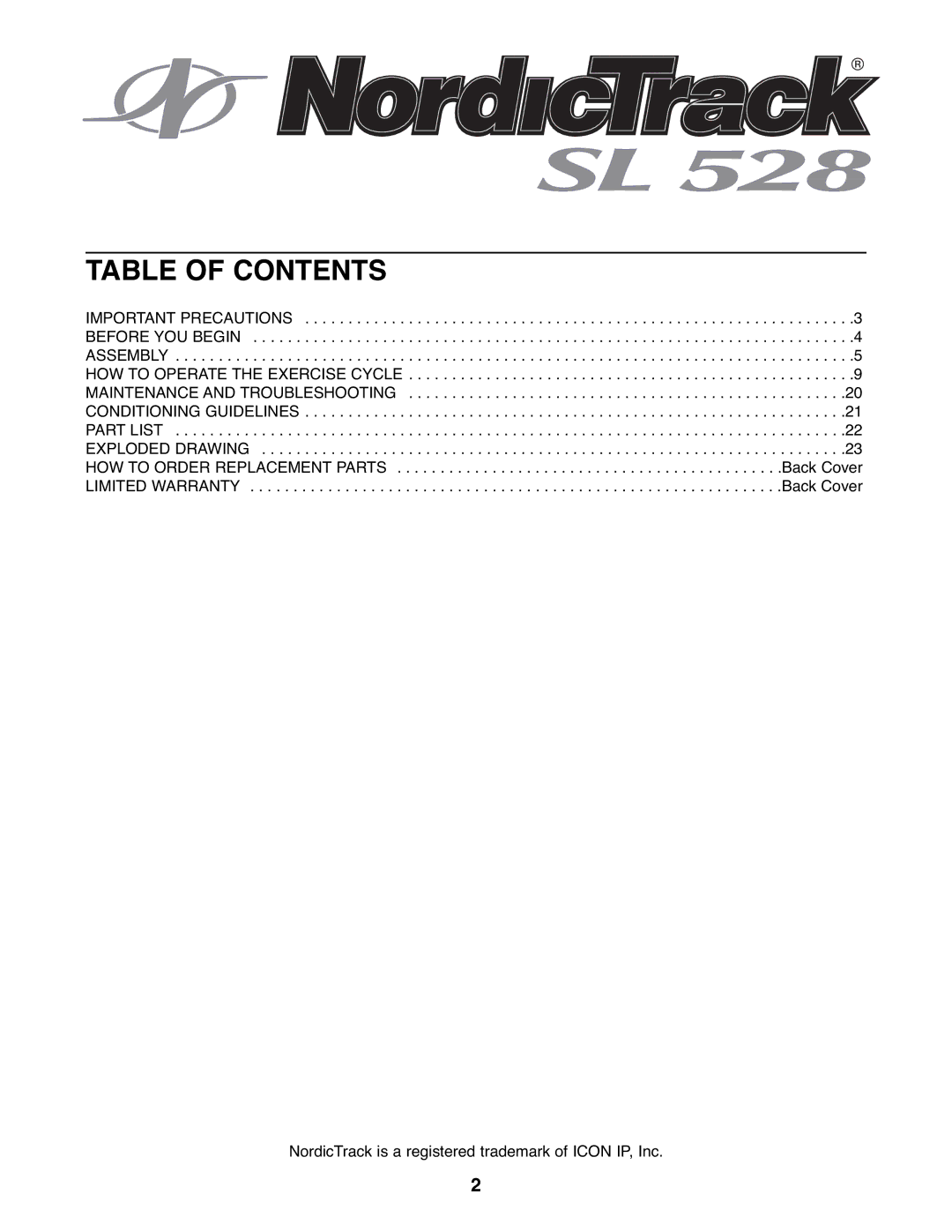 NordicTrack NTC3015.0 user manual Table of Contents 