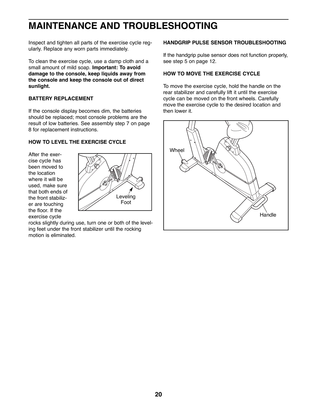 NordicTrack NTC3015.0 user manual Maintenance and Troubleshooting, Battery Replacement, HOW to Level the Exercise Cycle 