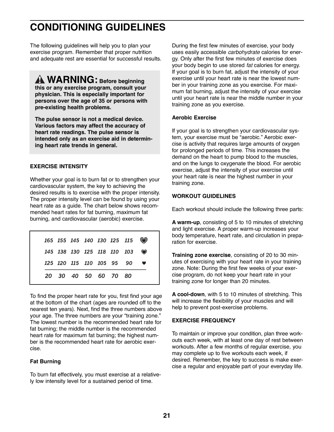 NordicTrack NTC3015.0 user manual Conditioning Guidelines, Exercise Intensity, Workout Guidelines, Exercise Frequency 