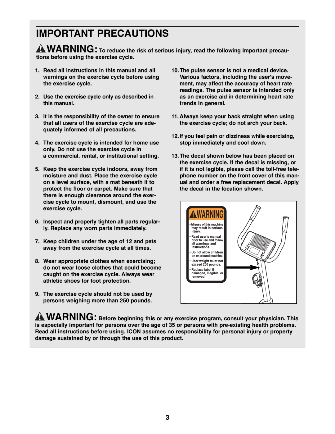 NordicTrack NTC3015.0 user manual Important Precautions 