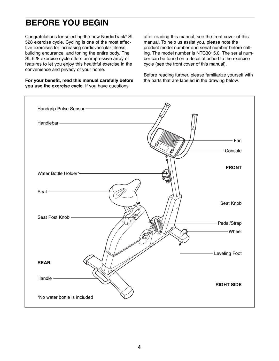 NordicTrack NTC3015.0 user manual Before YOU Begin, Front, Rear, Right Side 