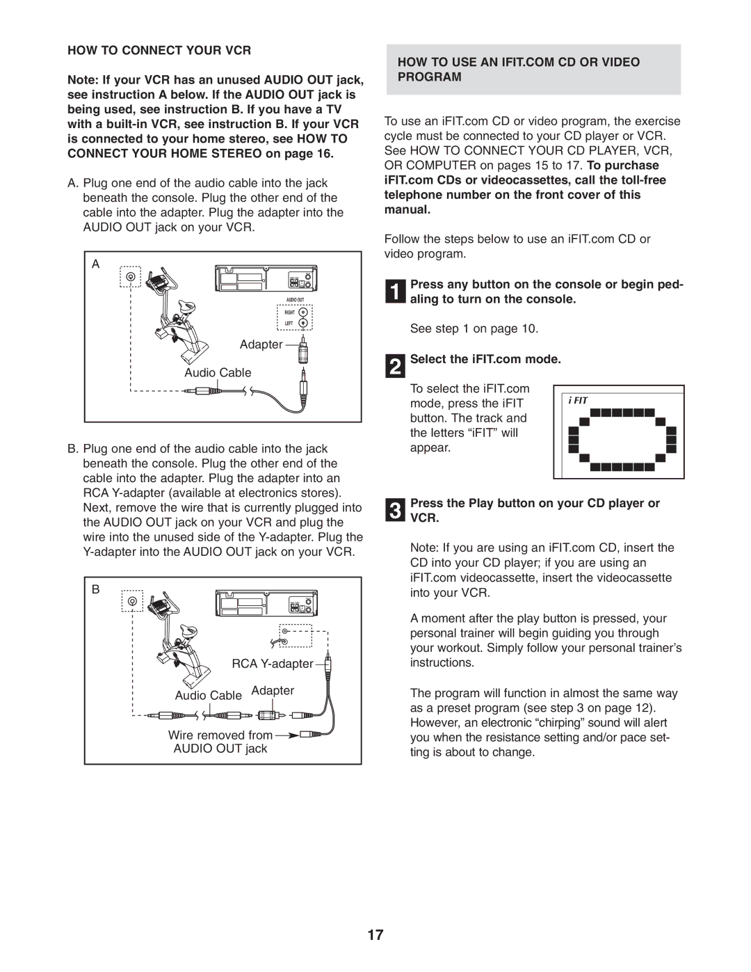 NordicTrack NTC4015.0 HOW to Connect Your VCR, Adapter Audio Cable, PressVCR. the Play button on your CD player or 