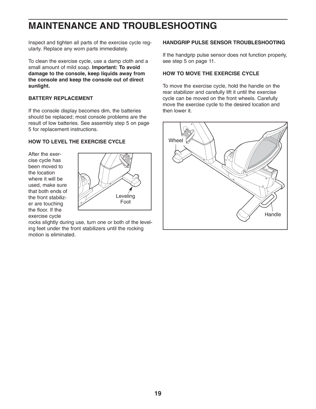 NordicTrack NTC4015.0 user manual Maintenance and Troubleshooting, Battery Replacement, HOW to Level the Exercise Cycle 