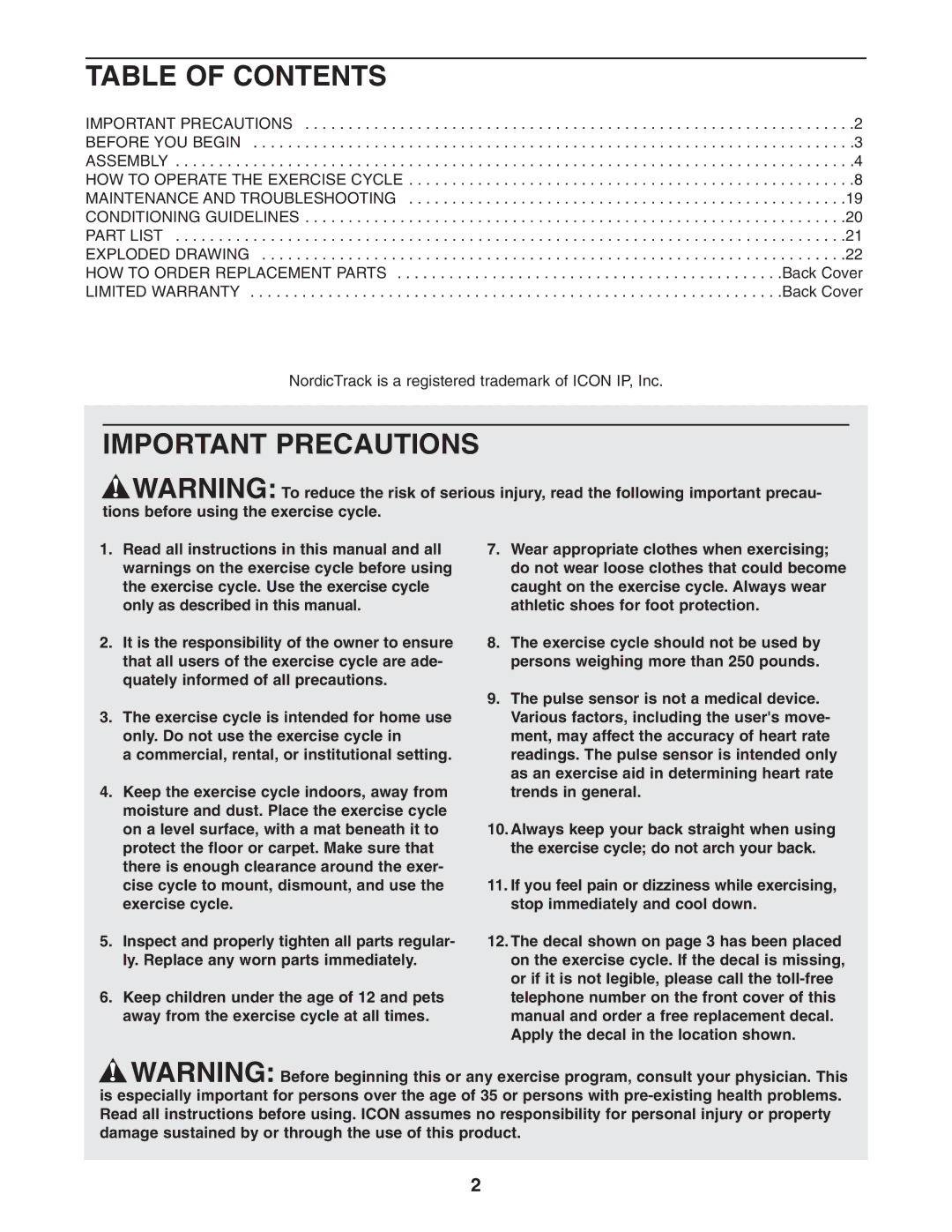 NordicTrack NTC4015.0 user manual Table of Contents, Important Precautions 