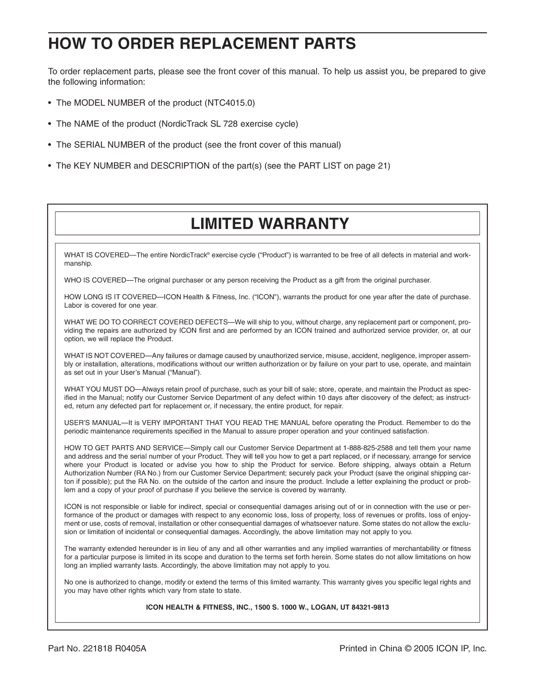 NordicTrack NTC4015.0 user manual HOW to Order Replacement Parts, Limited Warranty 