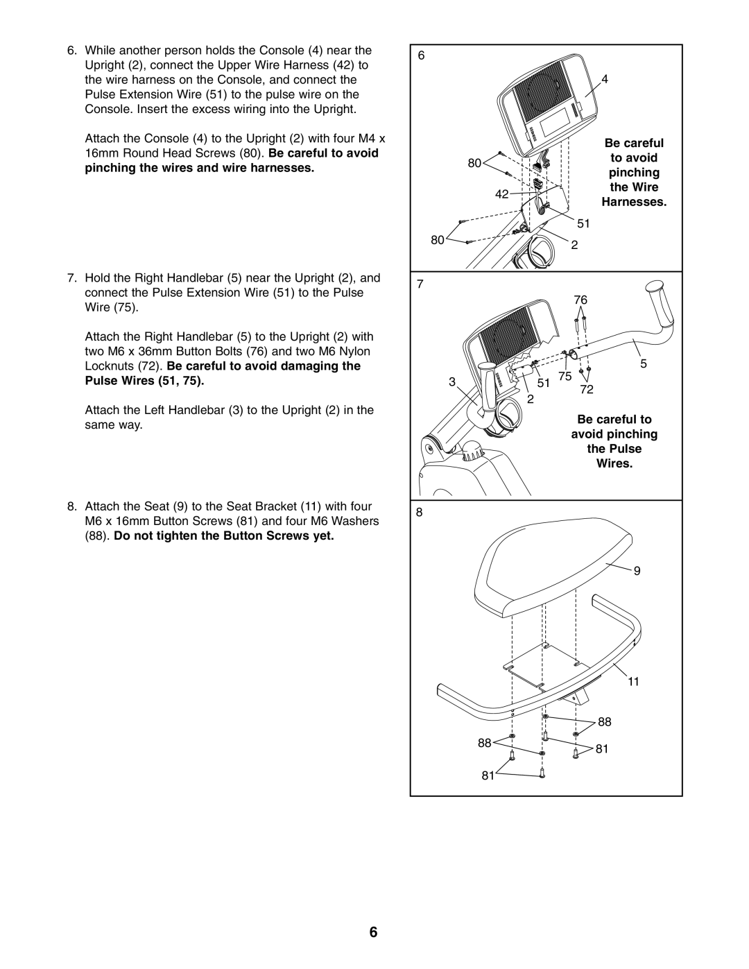 NordicTrack NTC4015.0 user manual Pulse Wires 51, To avoid, Pinching, Be careful to, Avoid pinching 