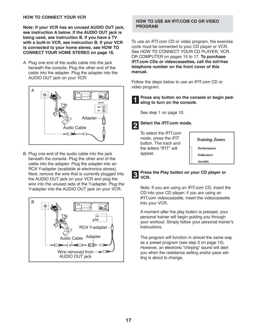 NordicTrack NTC4015.1 HOW to Connect Your VCR, Adapter Left Audio Cable, Press the Play button on your CD player or VCR 