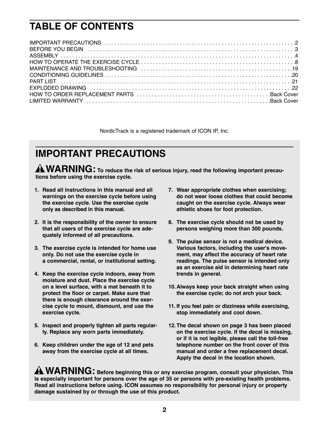 NordicTrack NTC4015.1 user manual Table of Contents, Important Precautions 