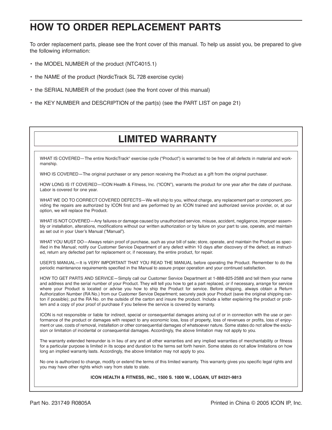 NordicTrack NTC4015.1 user manual HOW to Order Replacement Parts, Limited Warranty 