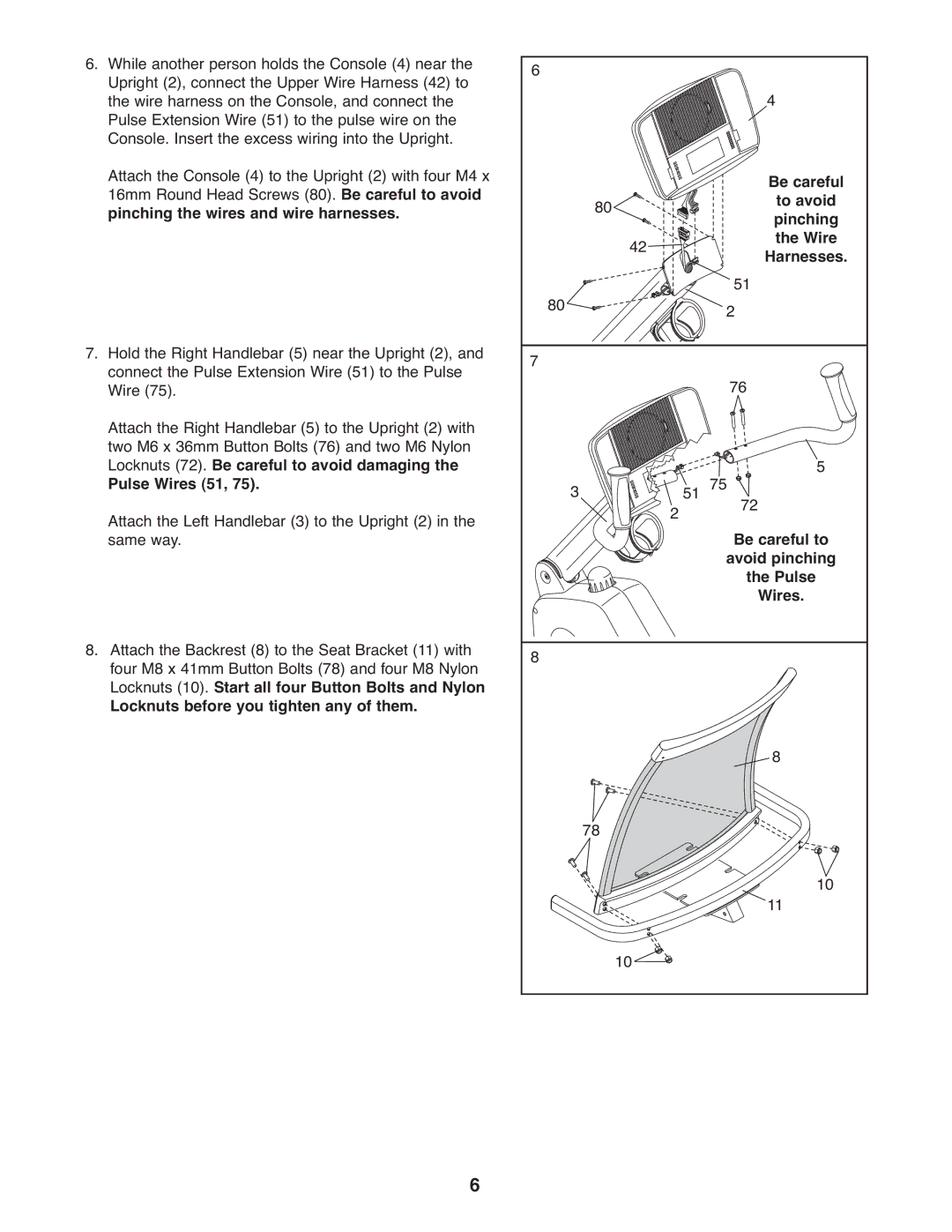 NordicTrack NTC4015.2 Pulse Wires 51, Locknuts before you tighten any of them, To avoid, Pinching, Be careful to 