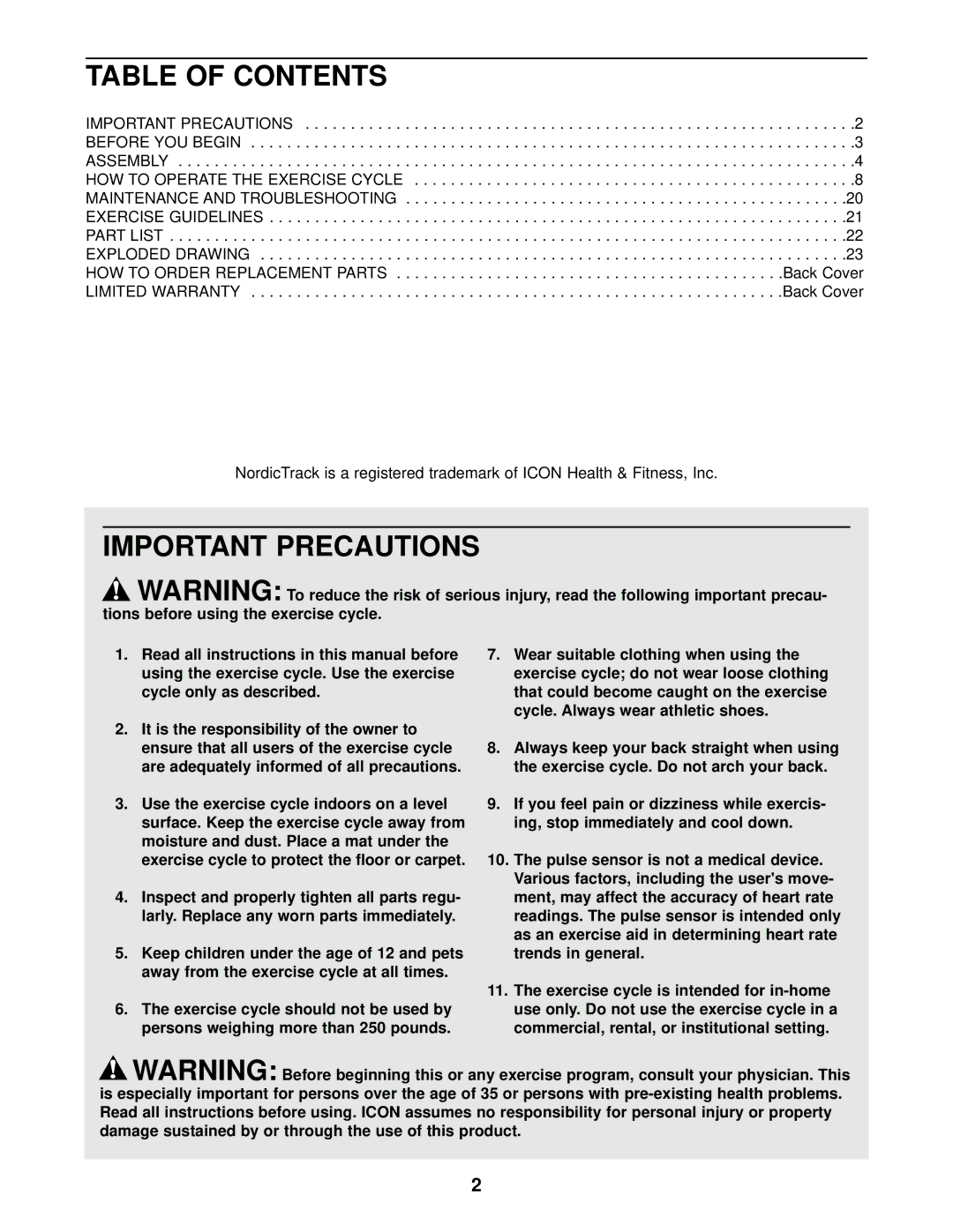 NordicTrack NTC59020 user manual Table of Contents, Important Precautions 