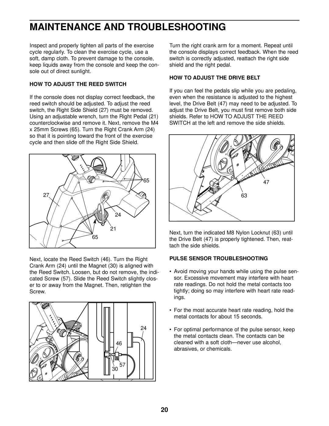 NordicTrack NTC59020 user manual HOW to Adjust the Reed Switch, HOW to Adjust the Drive Belt, Pulse Sensor Troubleshooting 